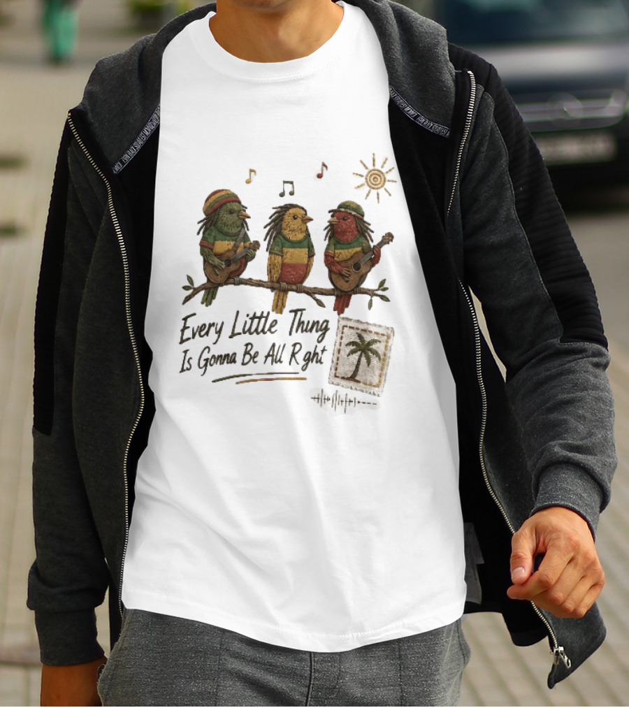 Every Little Thing Is Gonna Be All Right Reggae Birds Guitar Sunshine Palm Stamp Music Notes T-Shirt