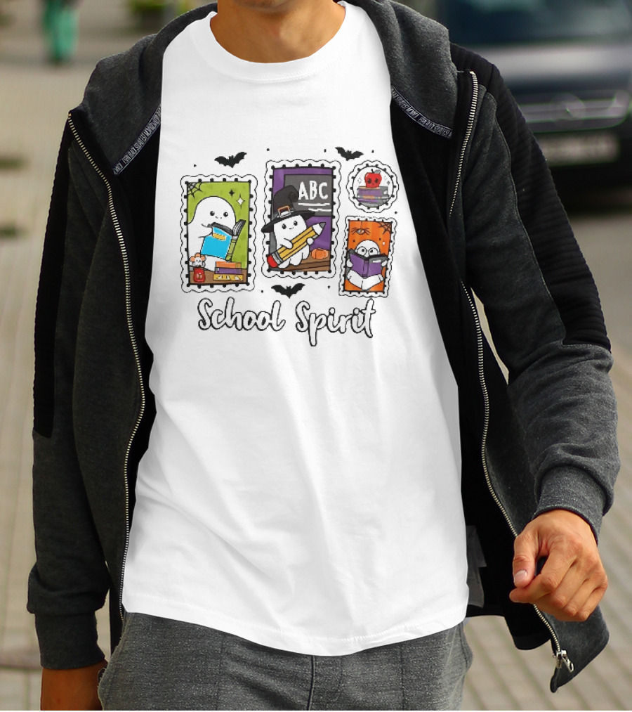 School Spirit Ghosts Holding Books Halloween Postage Stamps ABC Bats T-Shirt