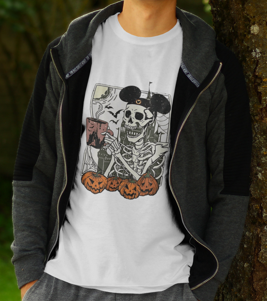 Spooky Skeleton With Coffee Mouse Ears Pumpkins Bats Halloween 2026 T-Shirt