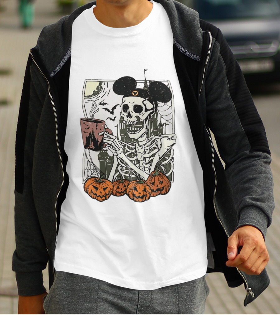 Spooky Skeleton With Coffee Mouse Ears Pumpkins Bats Halloween 2026 T-Shirt