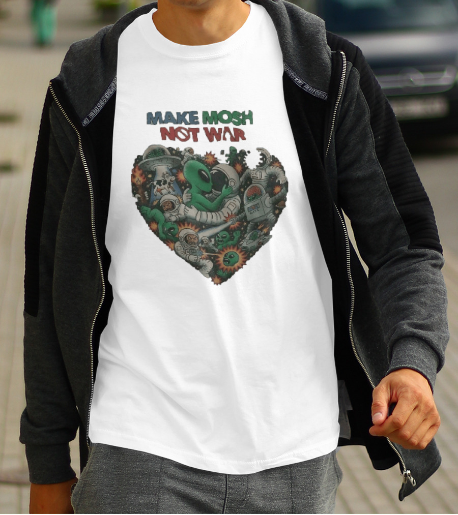 Make Mosh Not War Alien Astronauts Heart Explosion T-Shirt