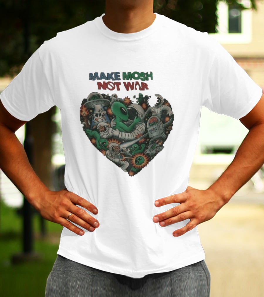 Make Mosh Not War Alien Astronauts Heart Explosion T-Shirt