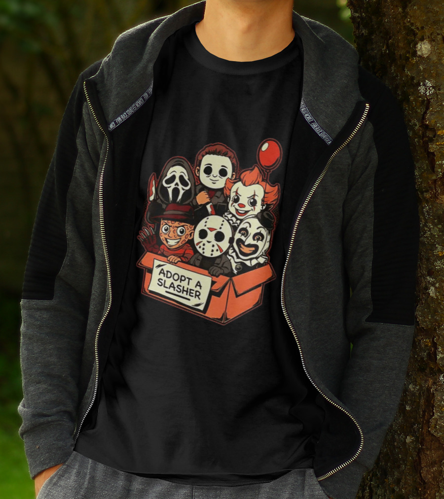 Adopt A Slasher Horror Characters Halloween Box With Iconic Balloon And Masked Monsters T-Shirt