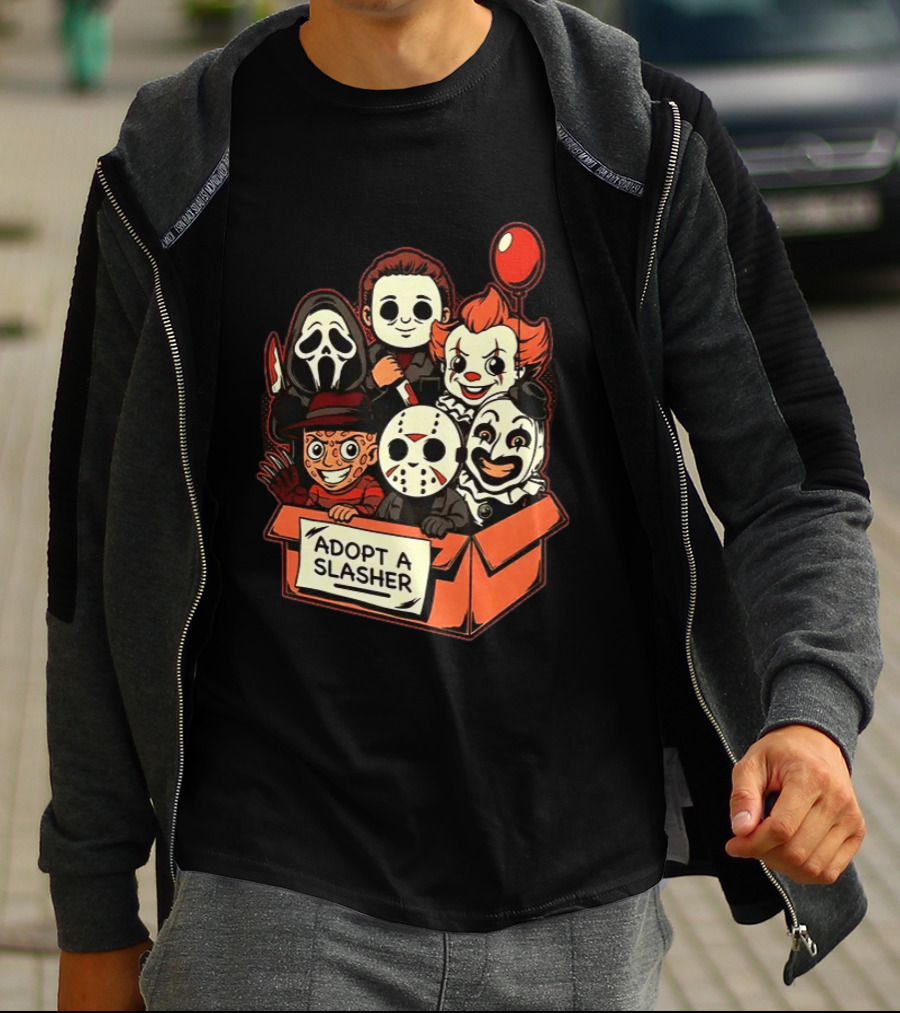 Adopt A Slasher Horror Characters Halloween Box With Iconic Balloon And Masked Monsters T-Shirt