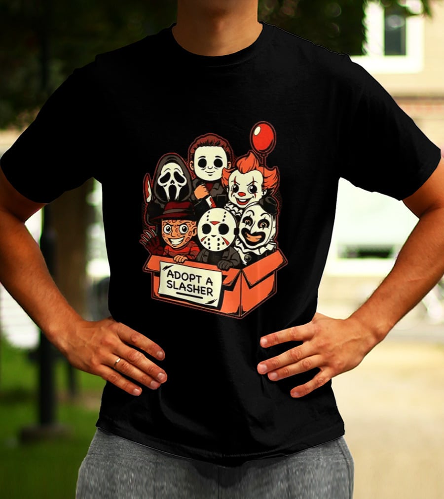 Adopt A Slasher Horror Characters Halloween Box With Iconic Balloon And Masked Monsters T-Shirt