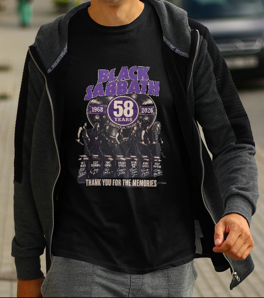 Black Sabbath 58 Years 1968 2026 Birmingham England Thank You For The Memories Ozzy Osbourne Tony Iommi Geezer Butler Bill Ward T-Shirt