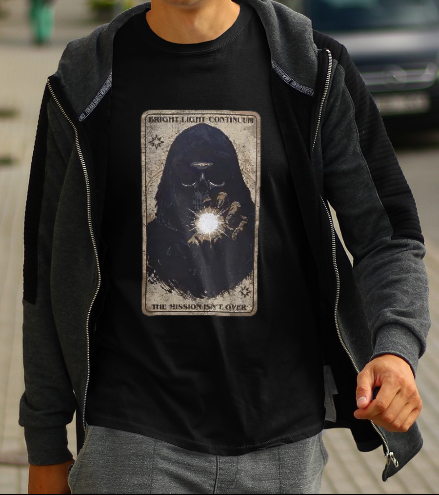 Bright Light Continuum The Mission Isn't Over Skull Holding Light Mysterious Hooded Figure T-Shirt