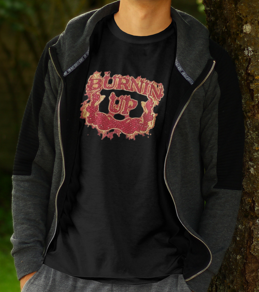 Burnin Up Red Rhinestone Gemstone Lettering Flaming Crest Frame Fiery T-Shirt