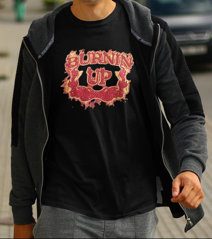 Burnin Up Red Rhinestone Gemstone Lettering Flaming Crest Frame Fiery T-Shirt