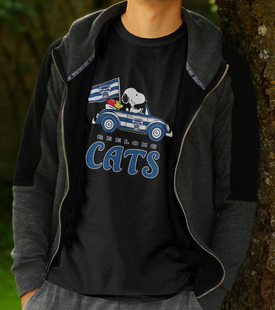 Geelong Cats Snoopy Woodstock Driving With Flag T-Shirt