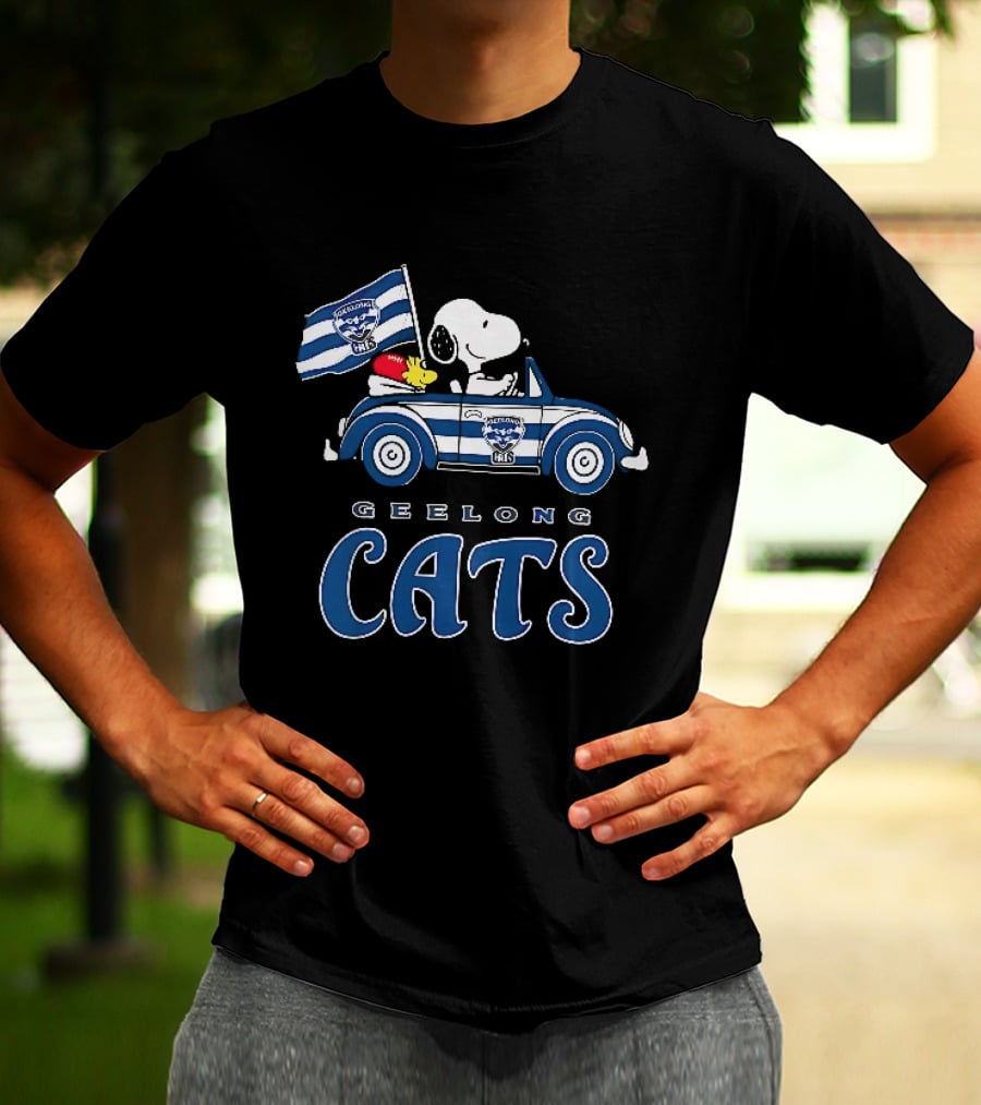 Geelong Cats Snoopy Woodstock Driving With Flag T-Shirt