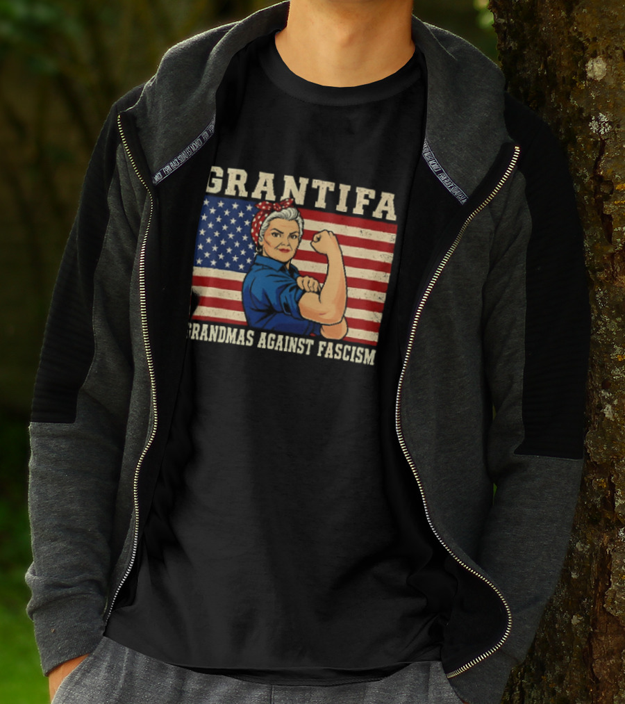 Grantifa Grandmas Against Fascism Rosie Riveter USA Flag T-Shirt