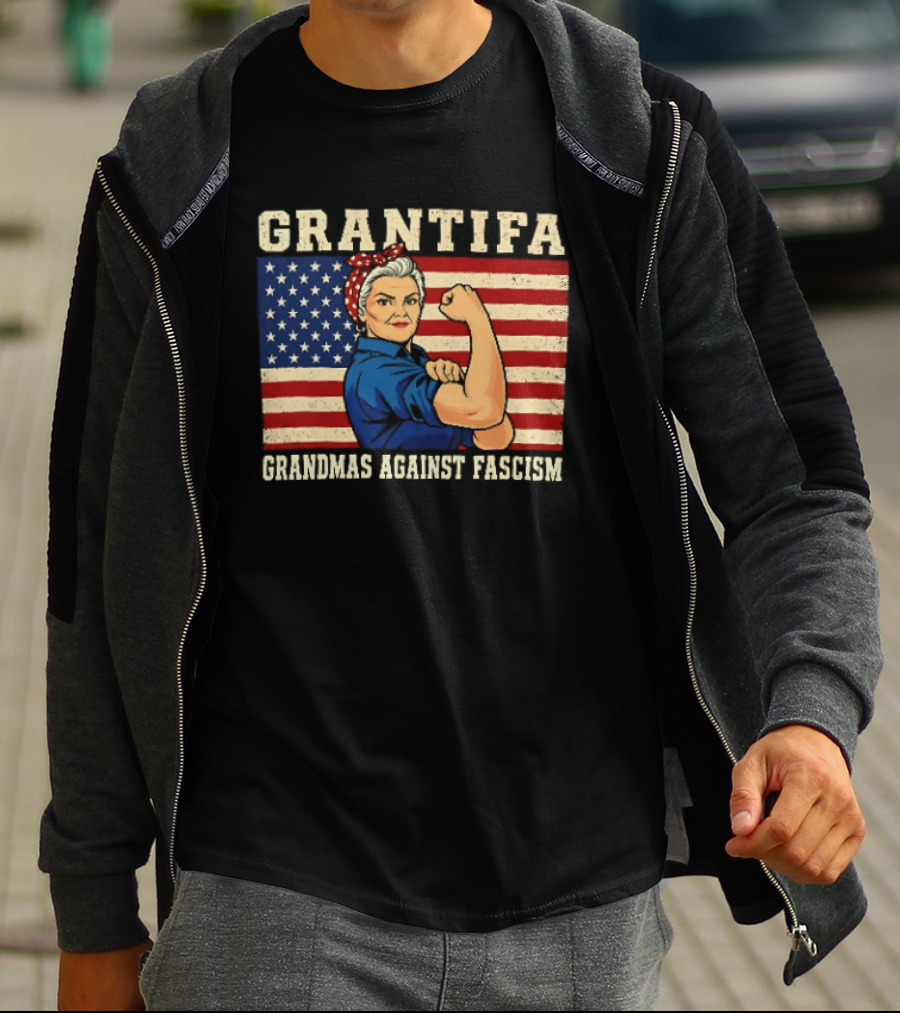 Grantifa Grandmas Against Fascism Rosie Riveter USA Flag T-Shirt