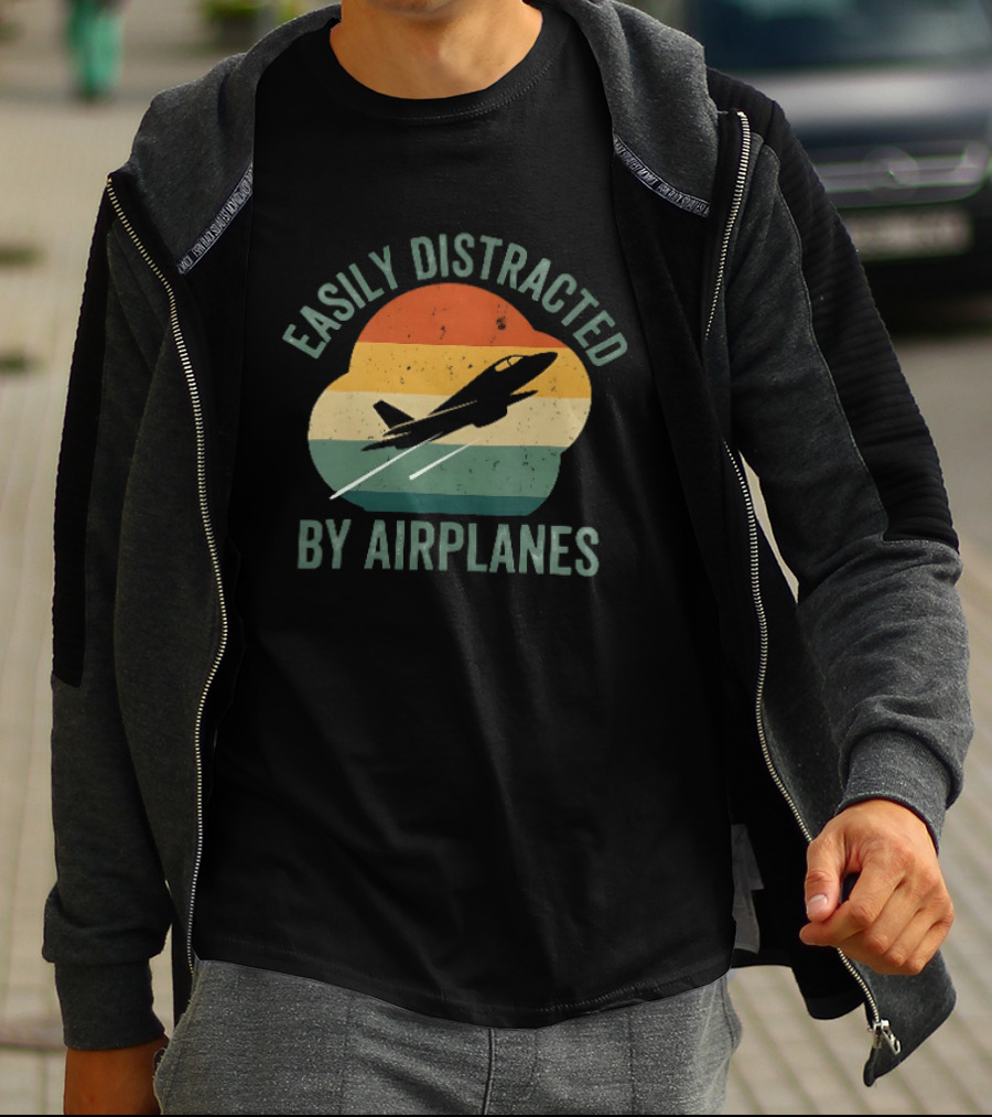 Easily Distracted By Airplanes Retro Jet Vintage Stripes T-Shirt