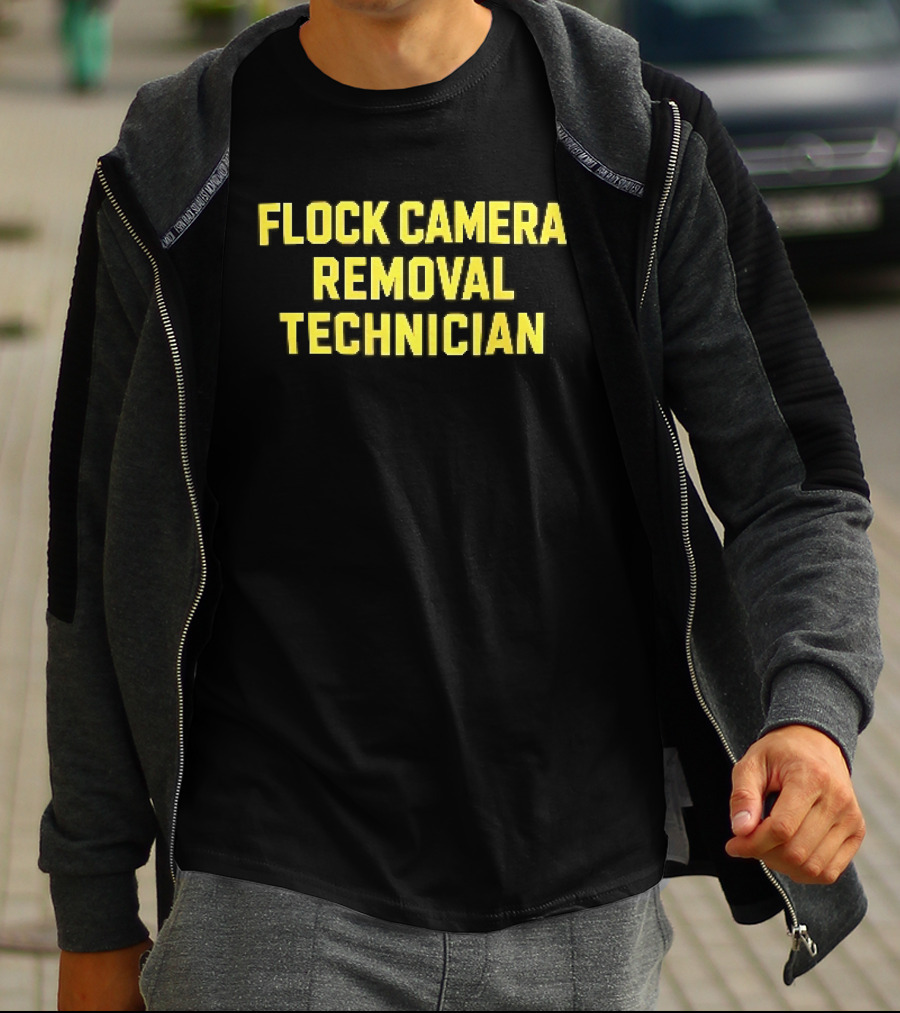 Flock Camera Removal Technician Yellow Varsity Block T-Shirt