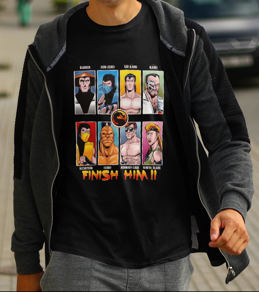 Raiden Sub Zero Liu Kang Kano Scorpion Goro Johnny Cage Sonya Blade Finish Him Mortal Kombat T-Shirt