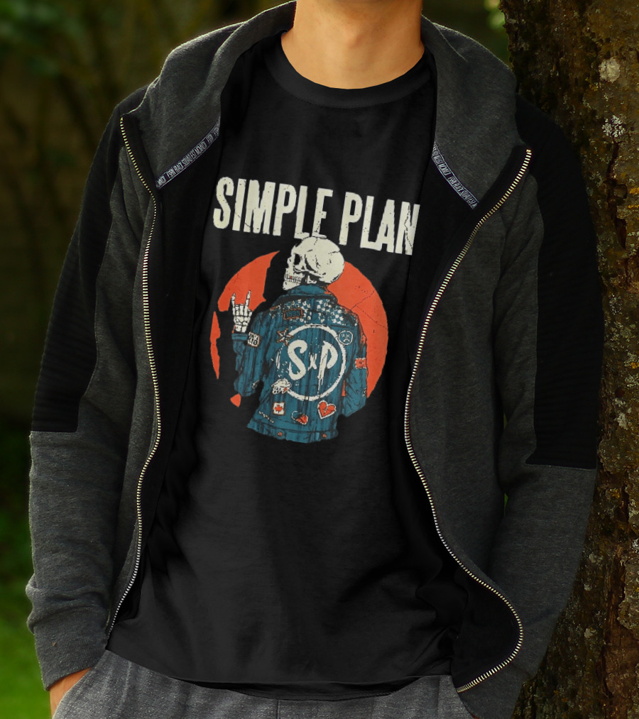 Simple Plan Just A Kid 1999 Skeleton Rock Sign SP Denim Jacket Distressed T-Shirt
