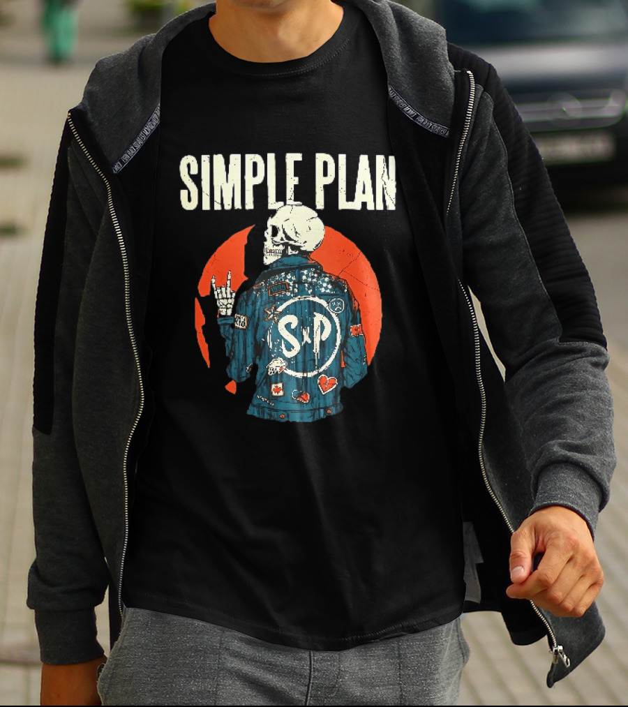 Simple Plan Just A Kid 1999 Skeleton Rock Sign SP Denim Jacket Distressed T-Shirt