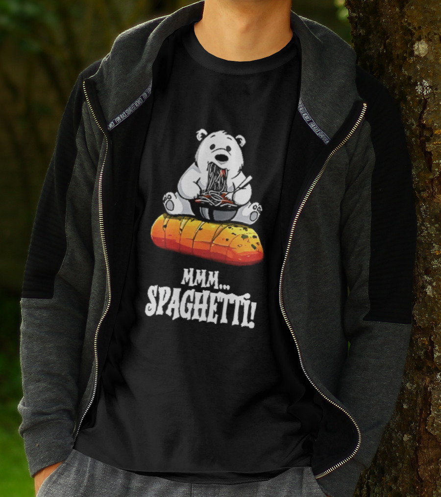 Mmm Spaghetti Cartoon Polar Bear Enjoying Pasta On Garlic Bread T-Shirt
