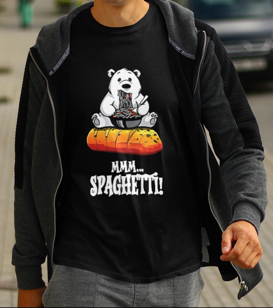 Mmm Spaghetti Cartoon Polar Bear Enjoying Pasta On Garlic Bread T-Shirt
