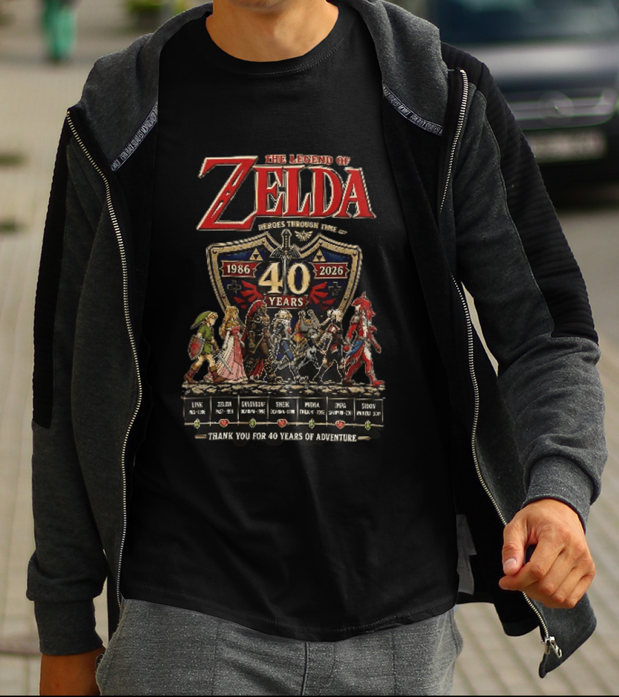 The Legend Of Zelda Heroes Through Time 1986 2026 40 Years Thank You For 40 Years Of Adventure Link Zelda Ganondorf Sheik Midna Impa Sidon T-Shirt