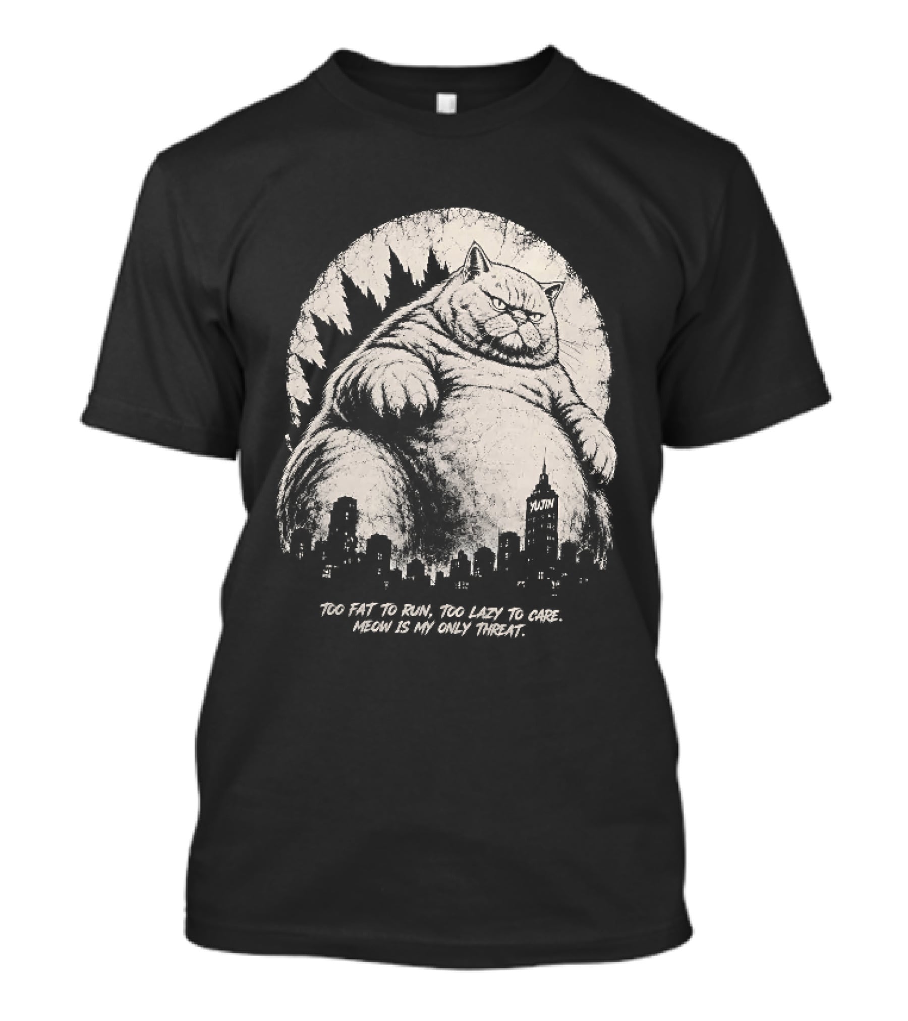Too Fat To Run Too Lazy To Care Meow Is My Only Threat Cat With City Skyline T-Shirt