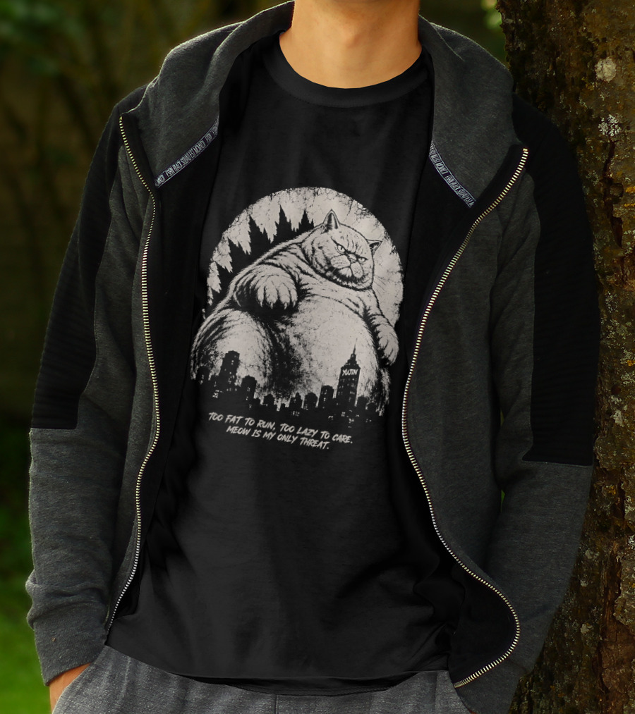 Too Fat To Run Too Lazy To Care Meow Is My Only Threat Cat With City Skyline T-Shirt