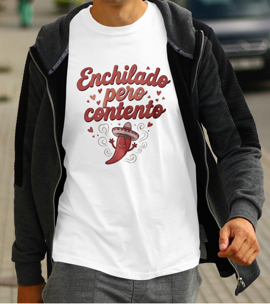 Enchilado Pero Contento Sombrero Chili Pepper Cartoon Hearts T-Shirt