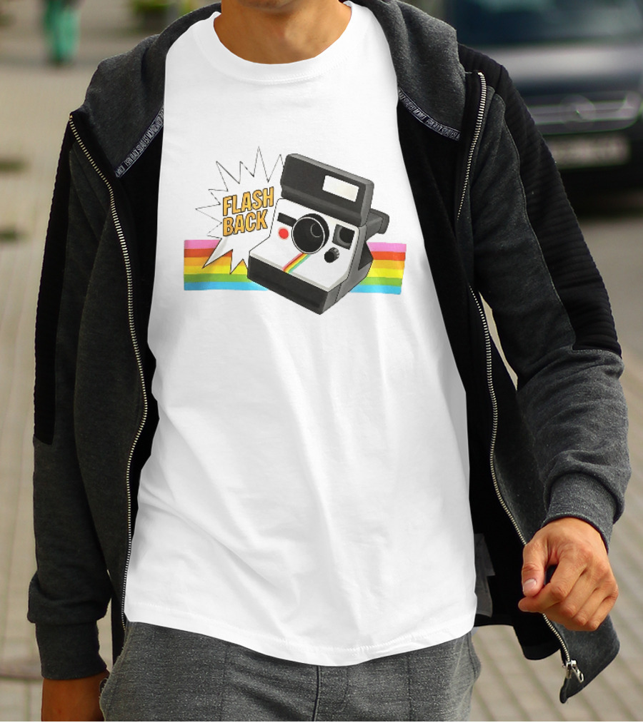 Flash Back Instant Camera Rainbow Stripe Starburst T-Shirt
