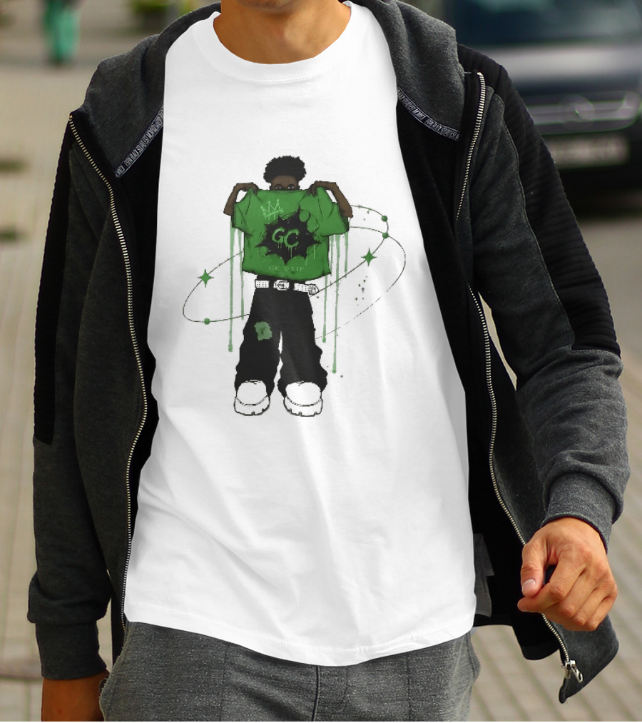 Gc Drip Cartoon Character Holding Green Clothing With Crown And Stars T-Shirt