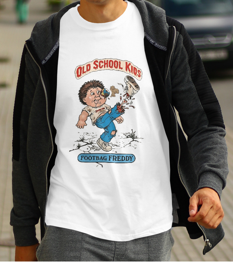 Old School Kids Footbag Freddy Cartoon Caricature Boy Kicking Shoe T-Shirt