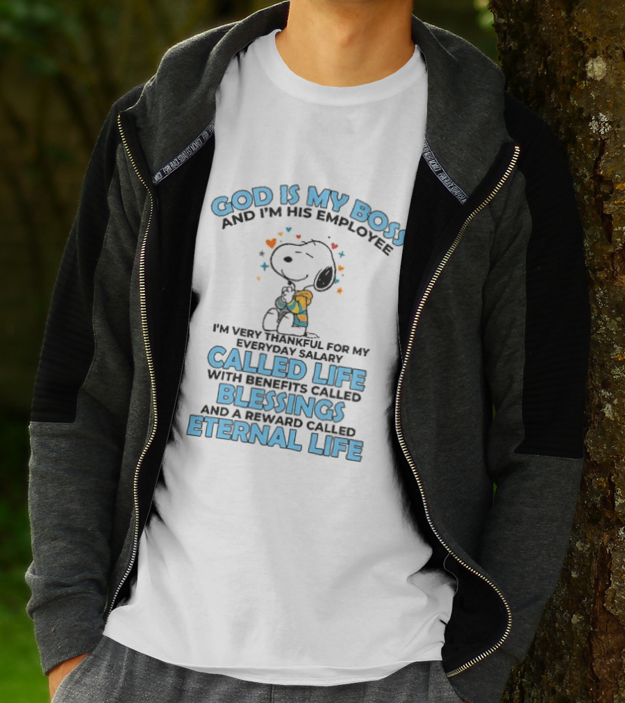 God Is My Boss Employee Everyday Salary Called Life Benefits Blessings Eternal Cartoon Dog Praying T-Shirt