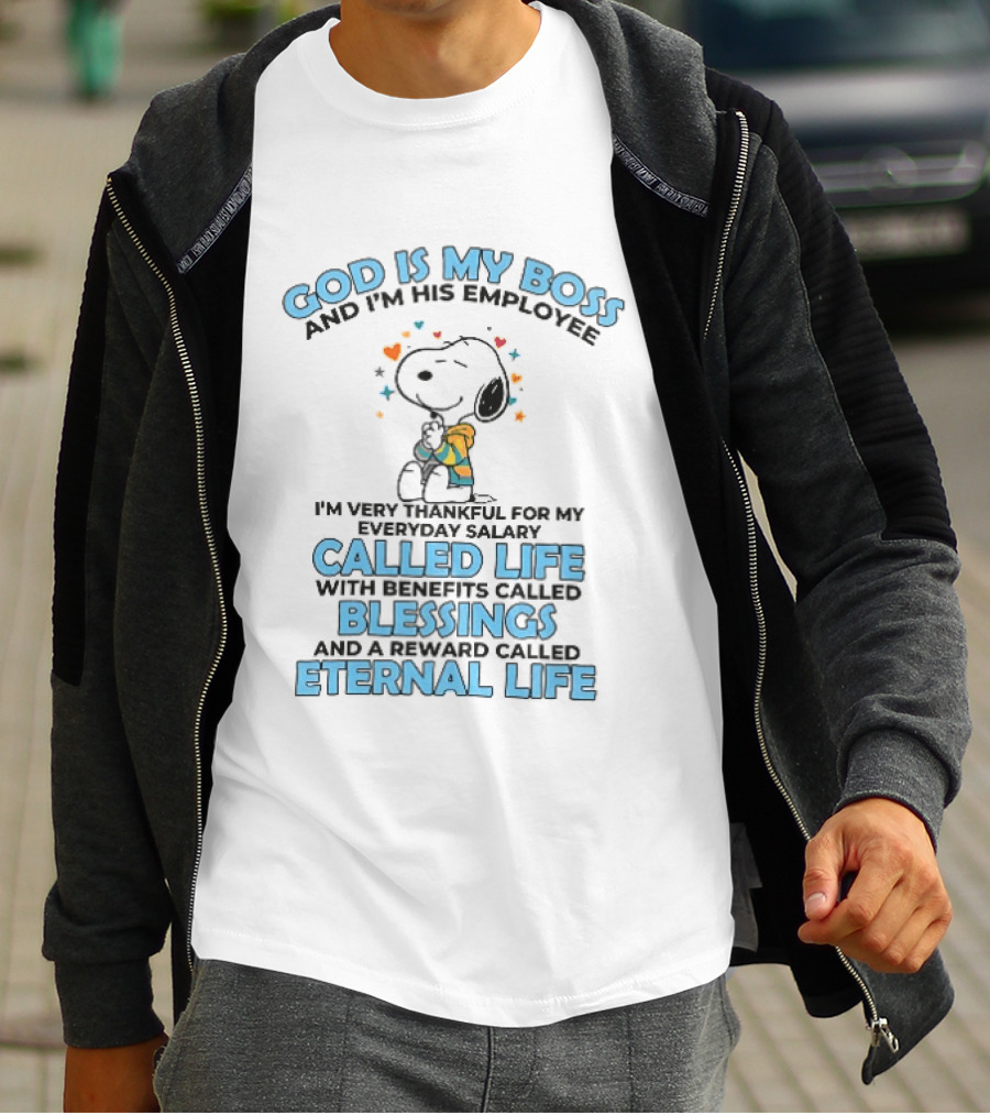 God Is My Boss Employee Everyday Salary Called Life Benefits Blessings Eternal Cartoon Dog Praying T-Shirt