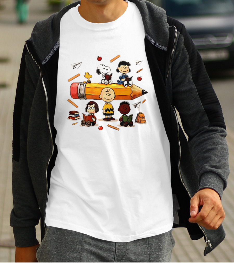 Charlie's Giant Pencil Peanuts Cartoon School Supplies Snoopy Woodstock T-Shirt