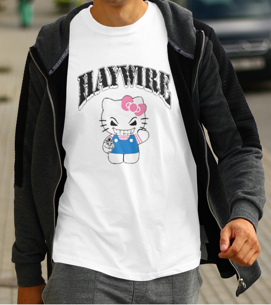 Haywire Hello Kitty Mischievous Grin Pink Bow Blue Overalls T-Shirt
