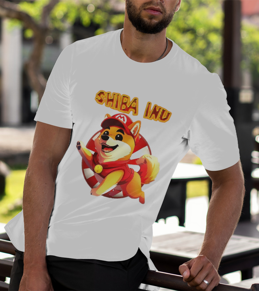 Shiba Inu Cartoon Dog Mario Red Cap Vest Running Striped T-Shirt