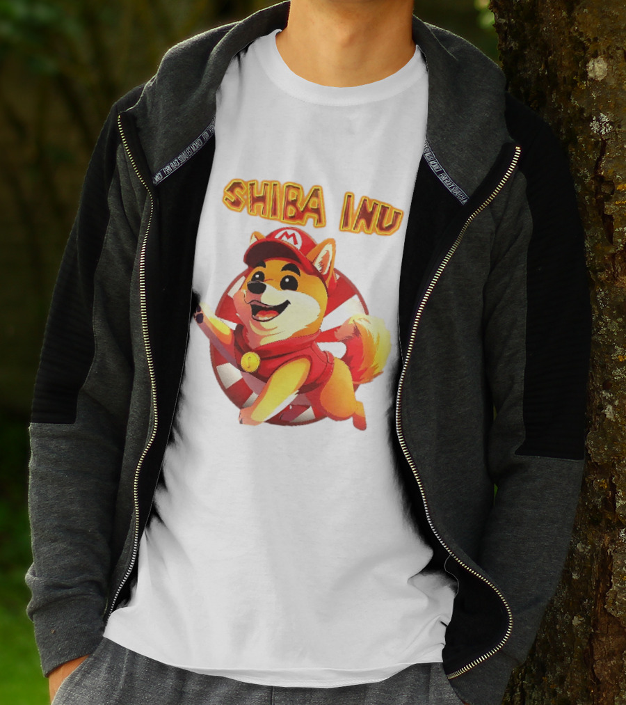 Shiba Inu Cartoon Dog Mario Red Cap Vest Running Striped T-Shirt