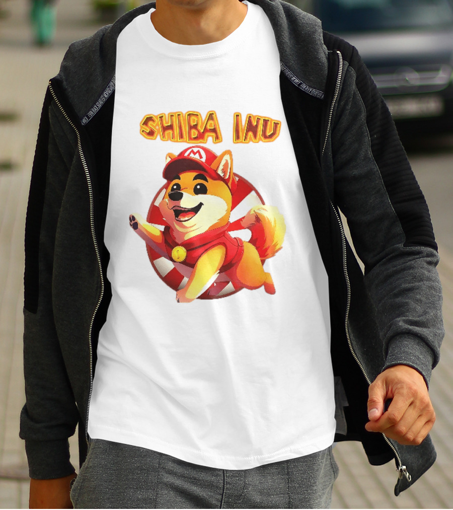 Shiba Inu Cartoon Dog Mario Red Cap Vest Running Striped T-Shirt