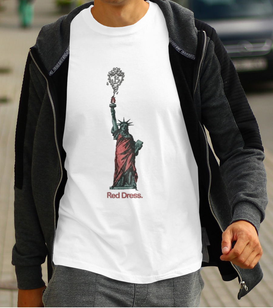 Statue Of Liberty Red Dress Unique Twist On Iconic Monument T-Shirt