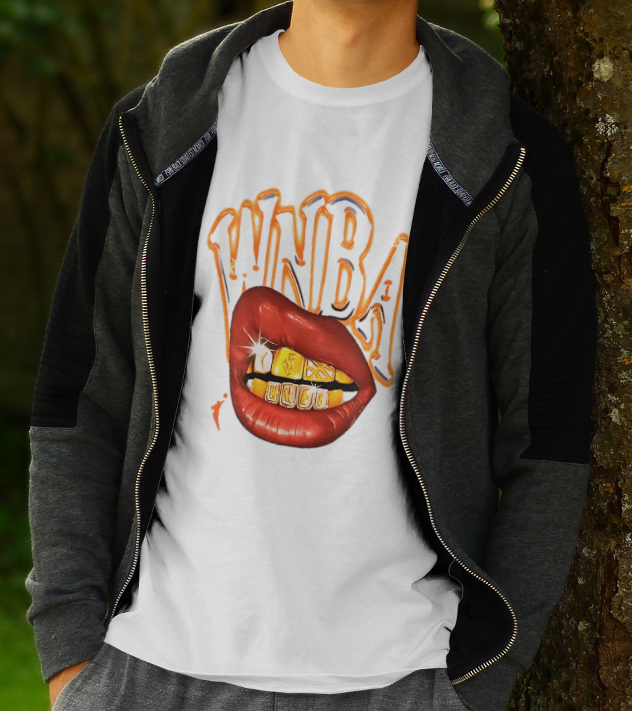 WNBA Red Lips Gold Teeth Grillz Glowing Chrome Lettering T-Shirt