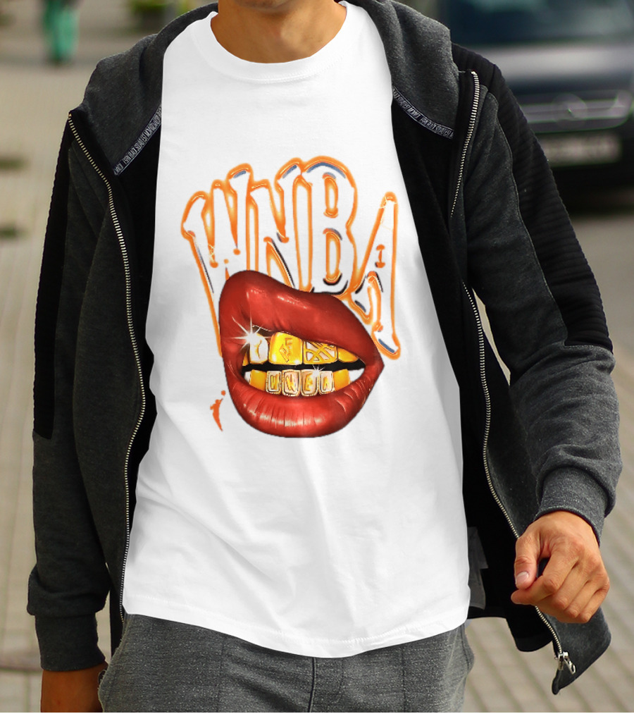 WNBA Red Lips Gold Teeth Grillz Glowing Chrome Lettering T-Shirt