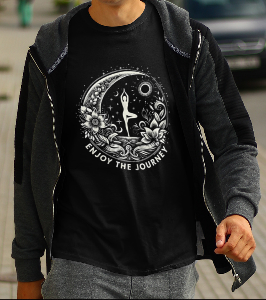 Enjoy The Journey Yoga Tree Pose Mandala Moon Sun Floral Surround T-Shirt