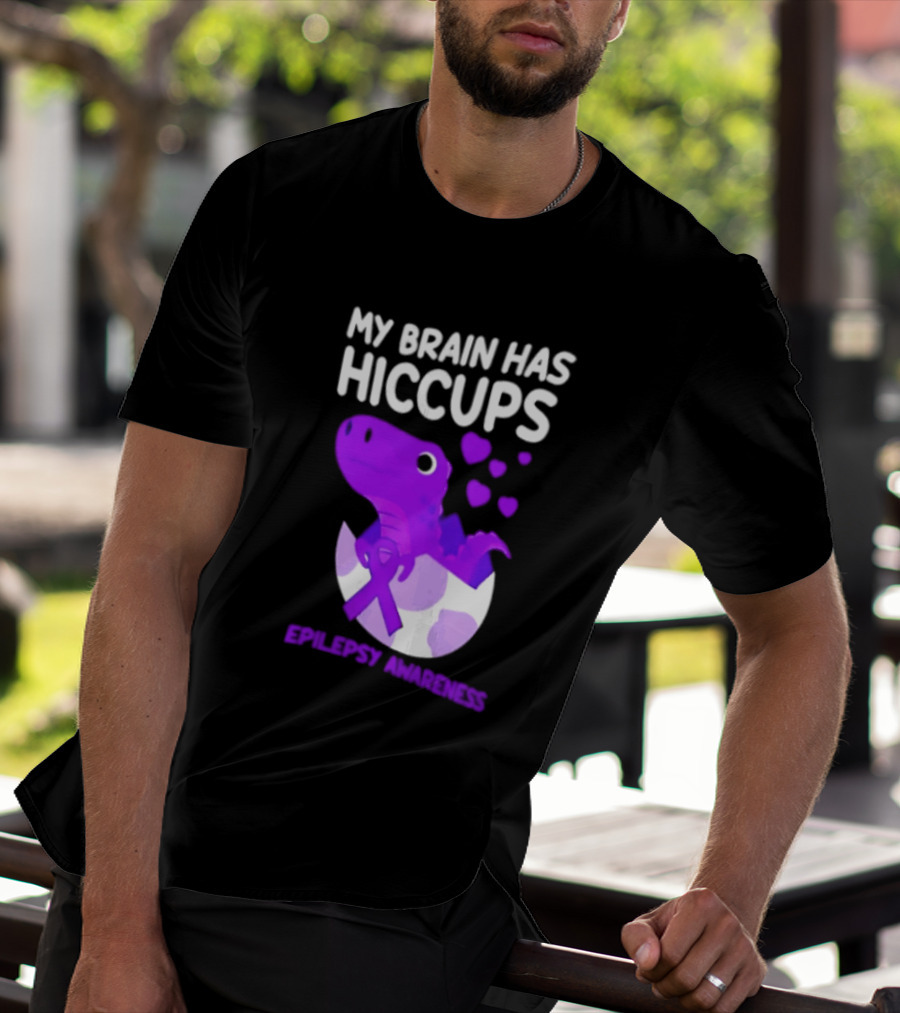 My Brain Has Hiccups Epilepsy Awareness Dinosaur Purple Ribbon Eggshell Hearts T-Shirt