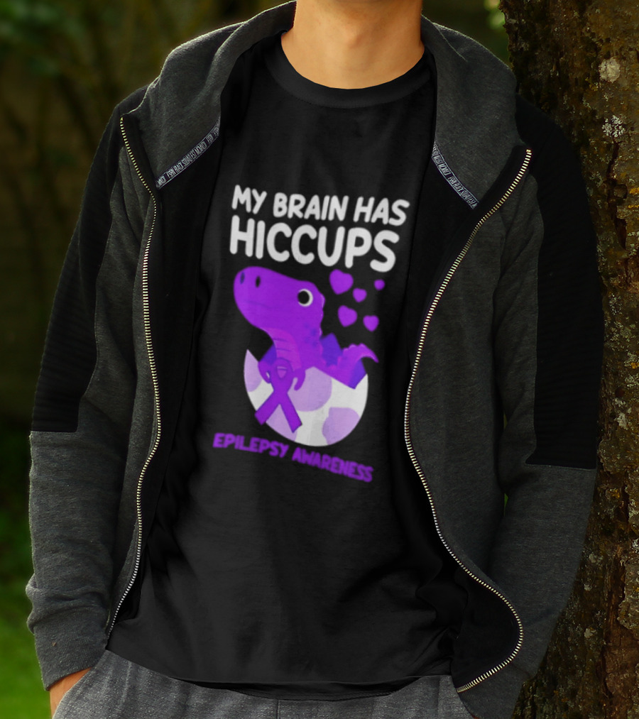 My Brain Has Hiccups Epilepsy Awareness Dinosaur Purple Ribbon Eggshell Hearts T-Shirt