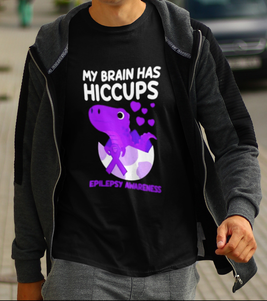 My Brain Has Hiccups Epilepsy Awareness Dinosaur Purple Ribbon Eggshell Hearts T-Shirt