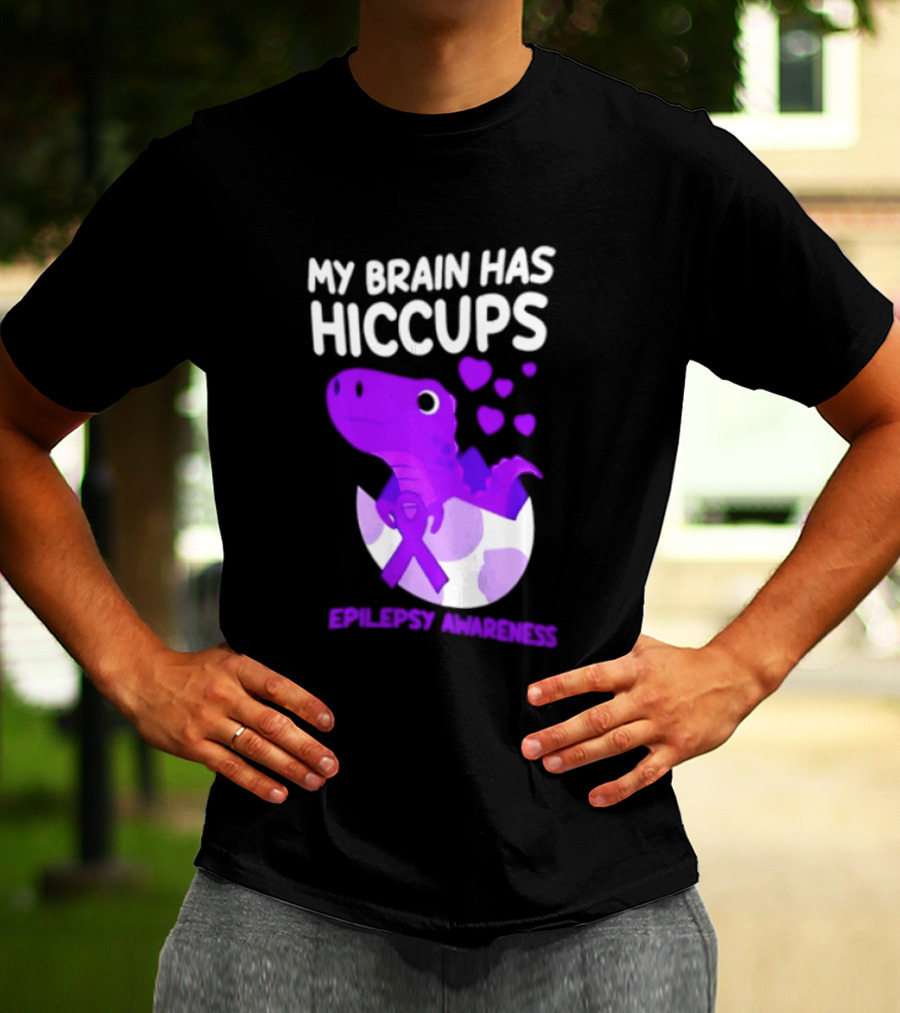 My Brain Has Hiccups Epilepsy Awareness Dinosaur Purple Ribbon Eggshell Hearts T-Shirt