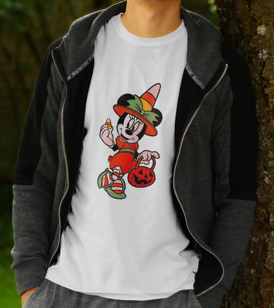Disney Minnie Mouse Halloween Witch With Candy Corn And Pumpkin Bucket T-Shirt