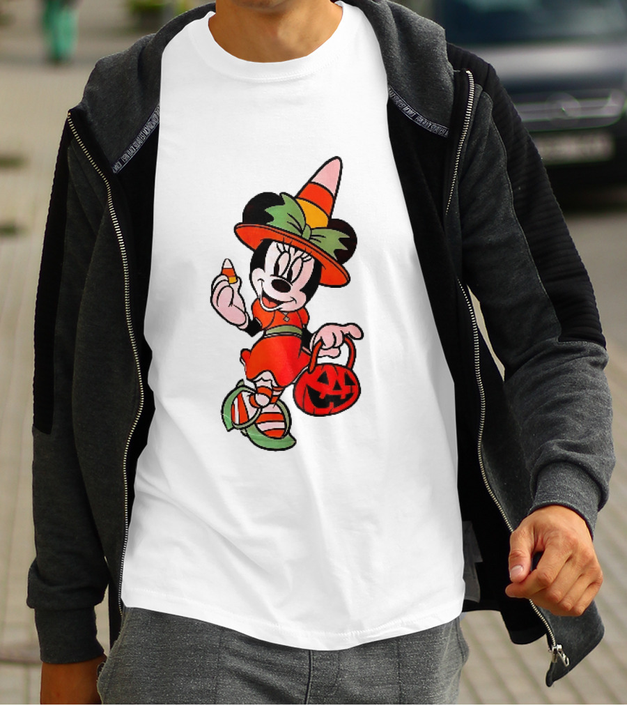 Disney Minnie Mouse Halloween Witch With Candy Corn And Pumpkin Bucket T-Shirt