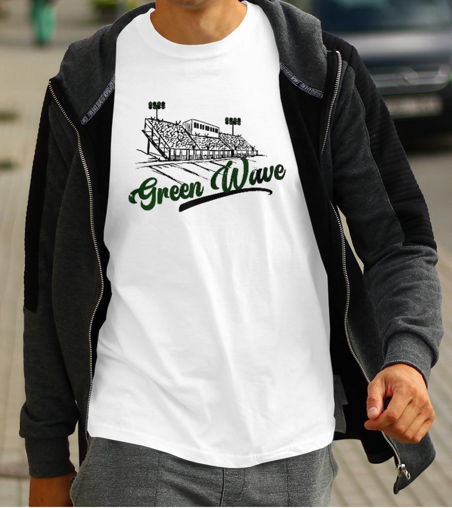 Green Wave Football Stadium Bleachers With Light Poles Sketch T-Shirt