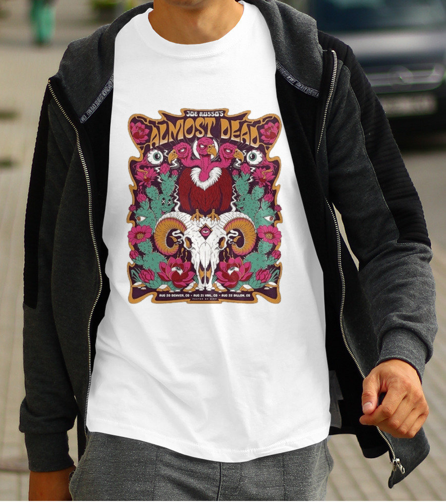 Joe Russo's Almost Dead Tour 2026 August 20 Denver August 21 Vail August 22 Dillon Vibrant Skull And Vulture Art Floral T-Shirt